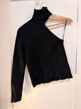 Zara Black Ribbed One-Shoulder Turtleneck Top